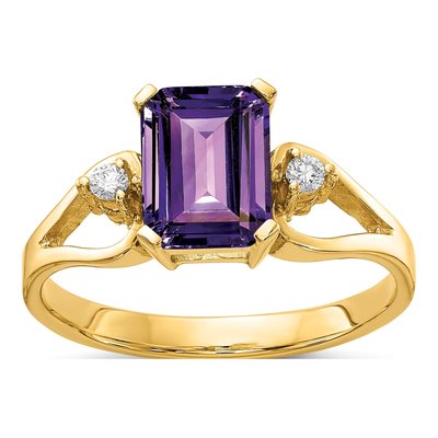 14K Yellow Gold 1/20 ct tw Amethyst & Diamond Emerald-Cut Ring