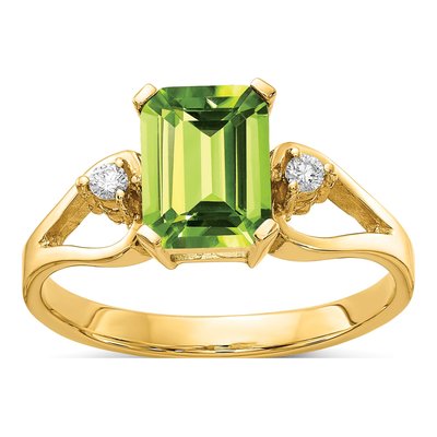 14K Yellow Gold 1/20 ct tw Peridot & Diamond Emerald-Cut Ring