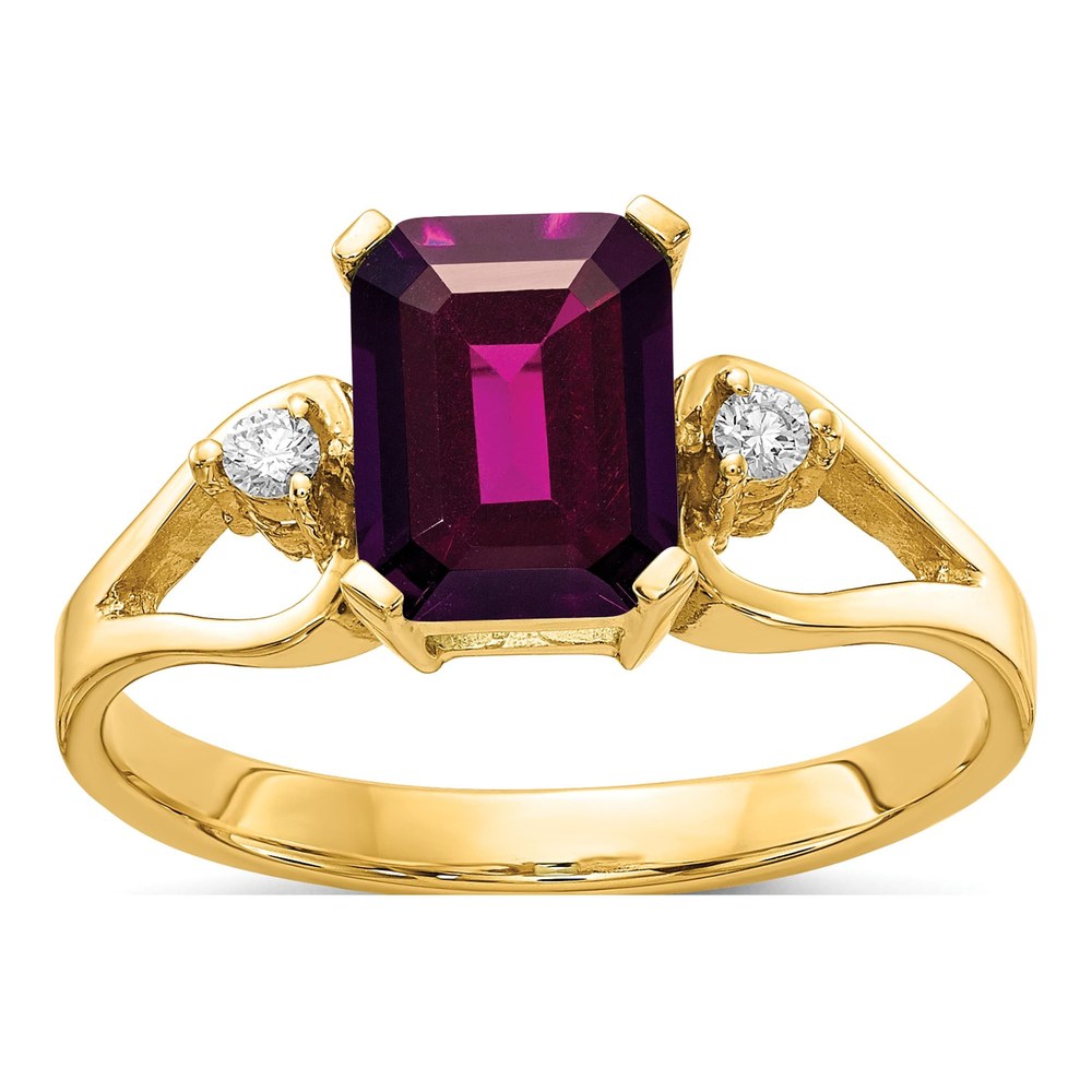 14K 8x6mm Emerald-Cut Rhodolite Garnet And 1/20 Carat Aa Diamond Ring