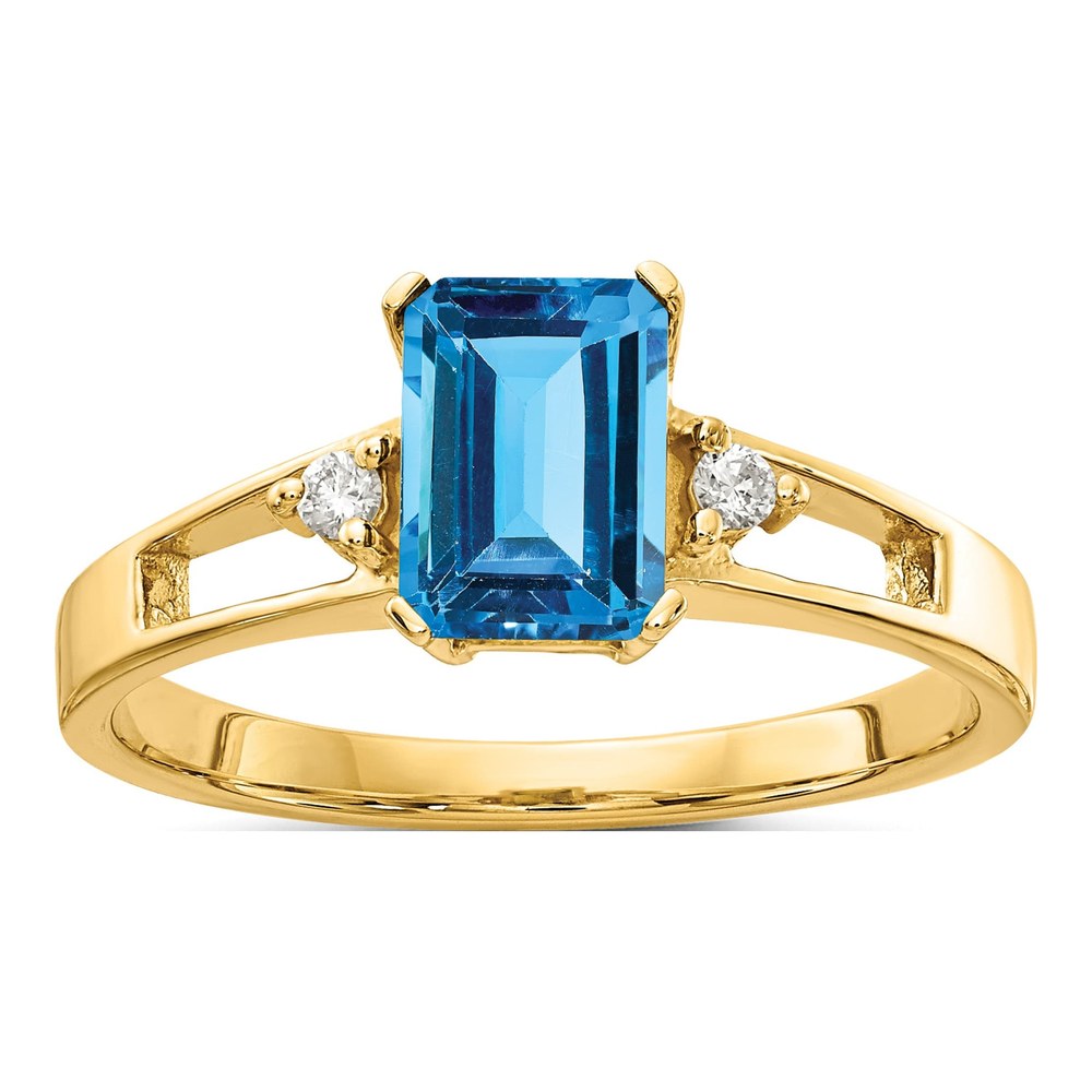 14K 7x5mm Emerald-Cut Blue Topaz And 1/20 Carat Aa Diamond Ring