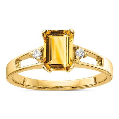 14K Yellow Gold 1/20 ct tw Citrine & Diamond Emerald-Cut Ring