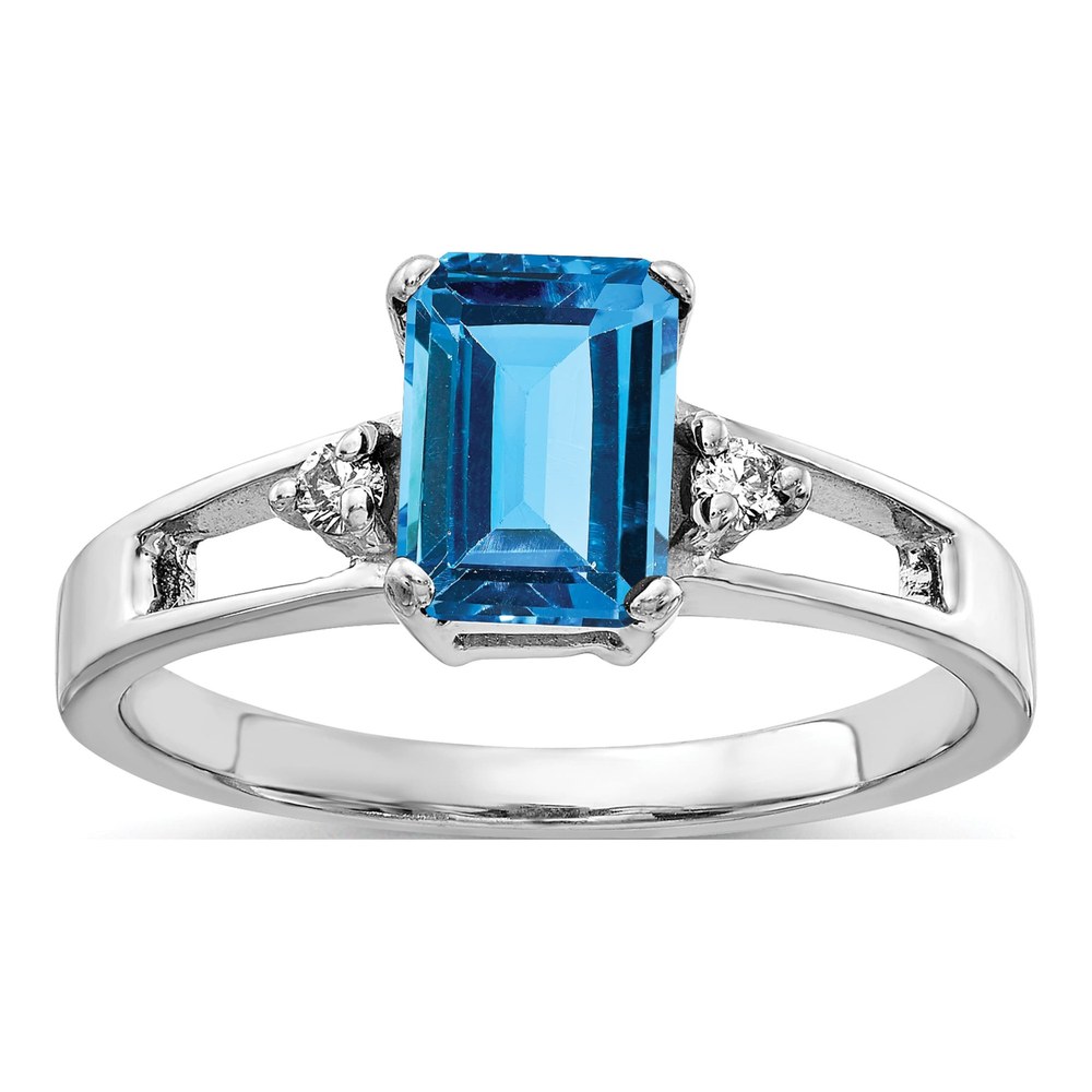 14K White Gold 1/20 ct tw Swiss Blue Topaz & Diamond Emerald-Cut Ring