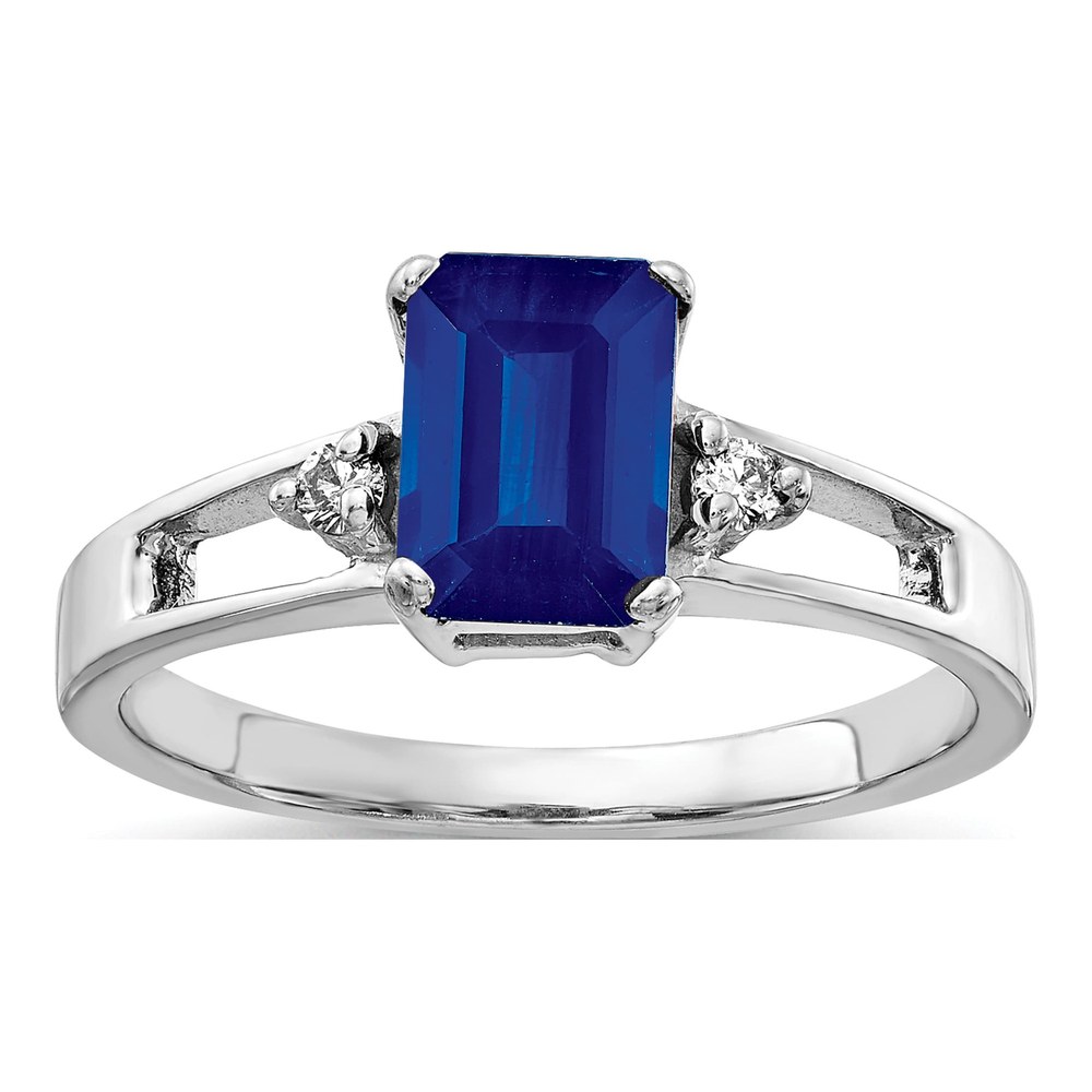 14K White Gold Rhodium-Plated 7x5mm Emerald-Cut Blue Sapphire And 1/20 Carat Aa Diamond Ring