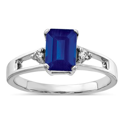 14K White Gold 1/20 ct tw Sapphire & Diamond Emerald-Cut Ring