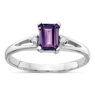 14K White Gold Amethyst & Diamond Emerald-Cut Ring