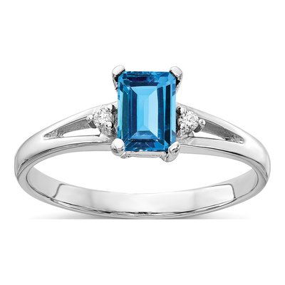 14K White Gold Swiss Blue Topaz & Diamond Emerald-Cut Ring