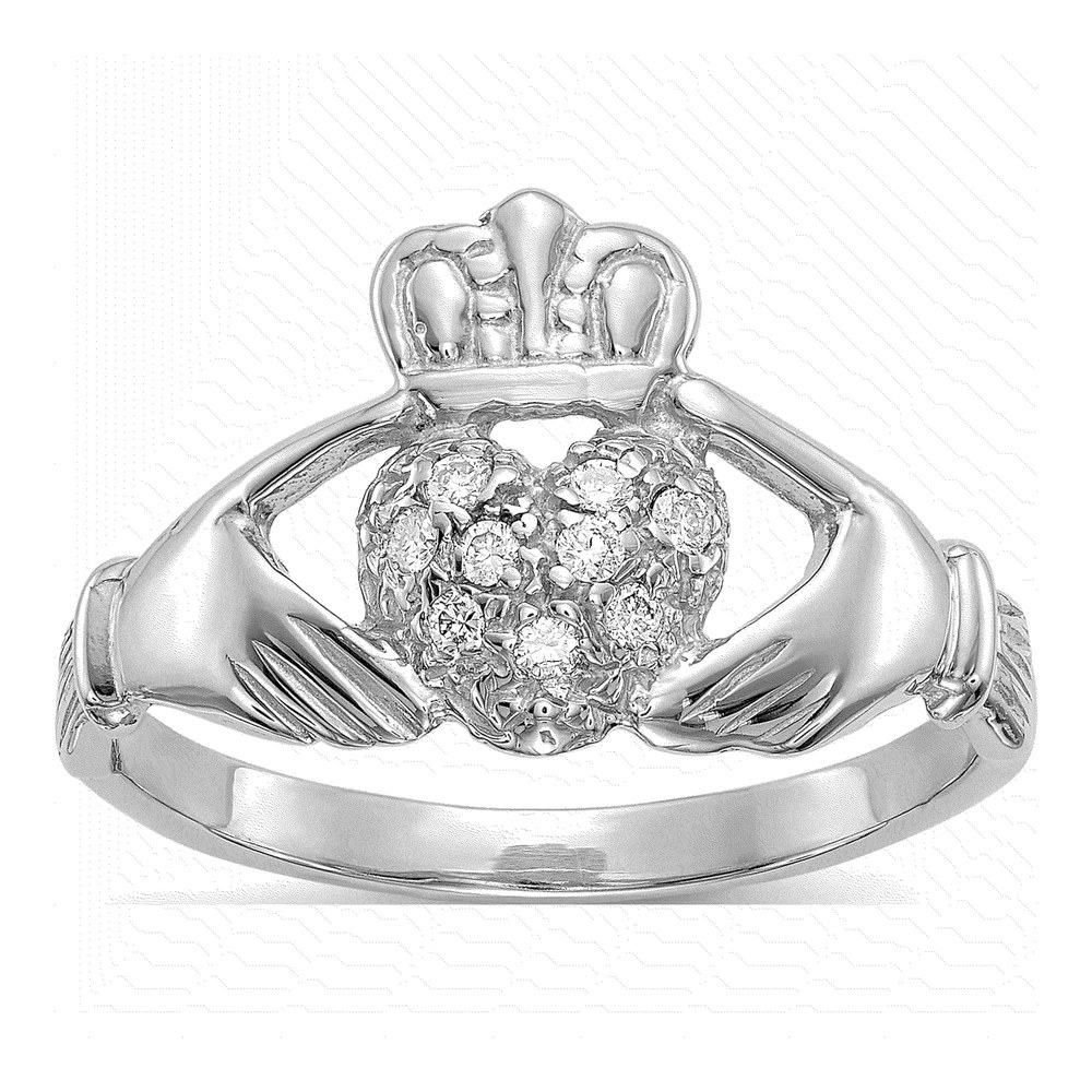 14K White Gold Diamond Claddagh Ring