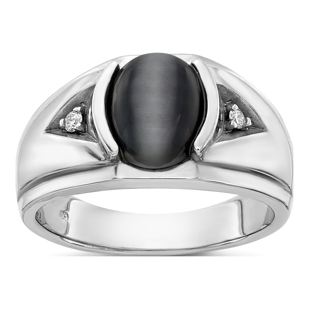 Men's 14K White Gold 1/20 ct tw Onyx & Diamond Oval Cats Eye Ring