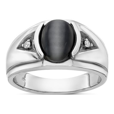 Men's 14K White Gold 1/20 ct tw Onyx & Diamond Oval Cats Eye Ring