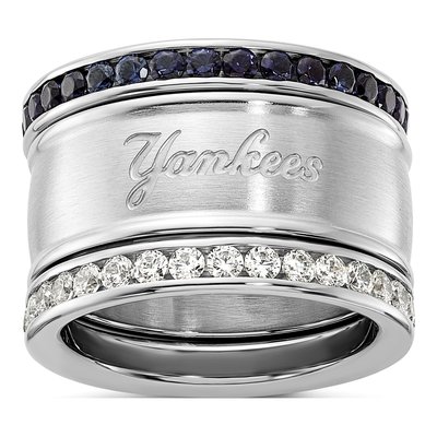 NY Yankees Stainless Steel Crystal Triple Ring Set
