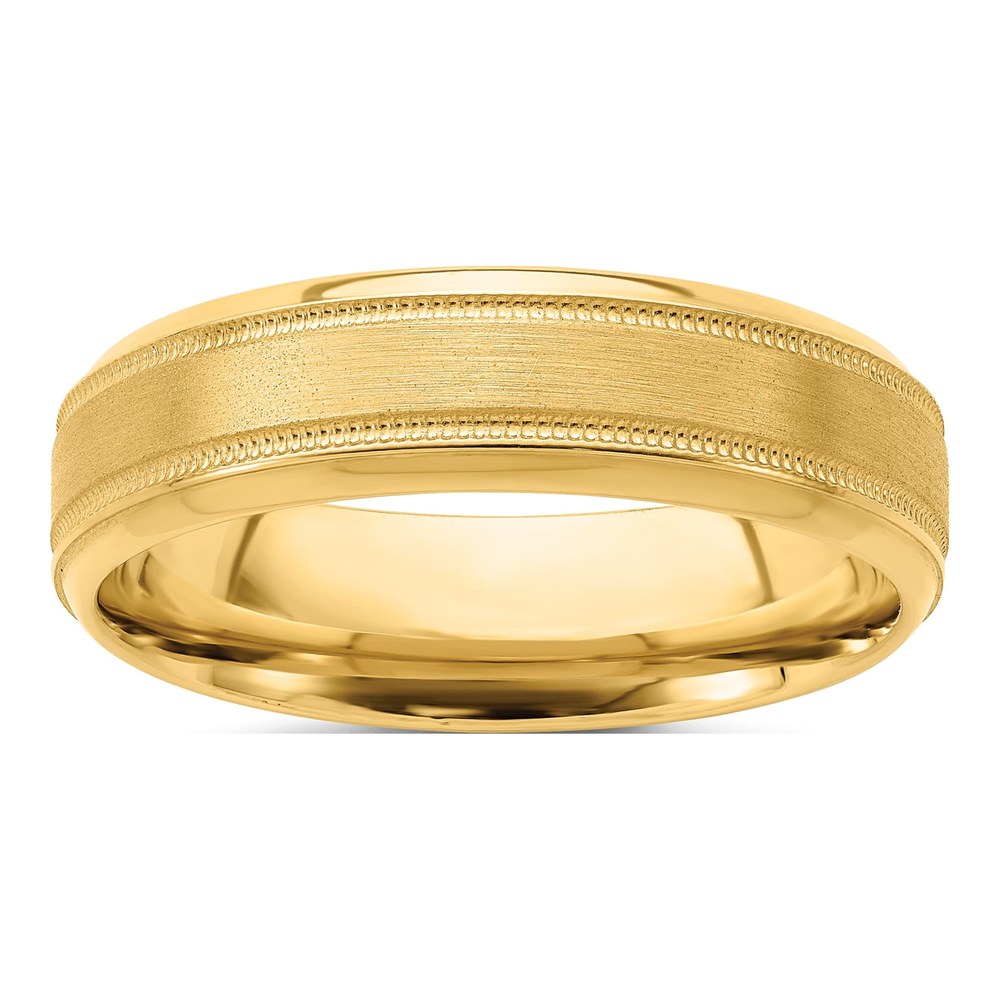 14K Yellow Gold 6mm Lightweight Comfort Fit Brushed Satin/polished Milgrain Grooved Edge Wedding Band Size 7