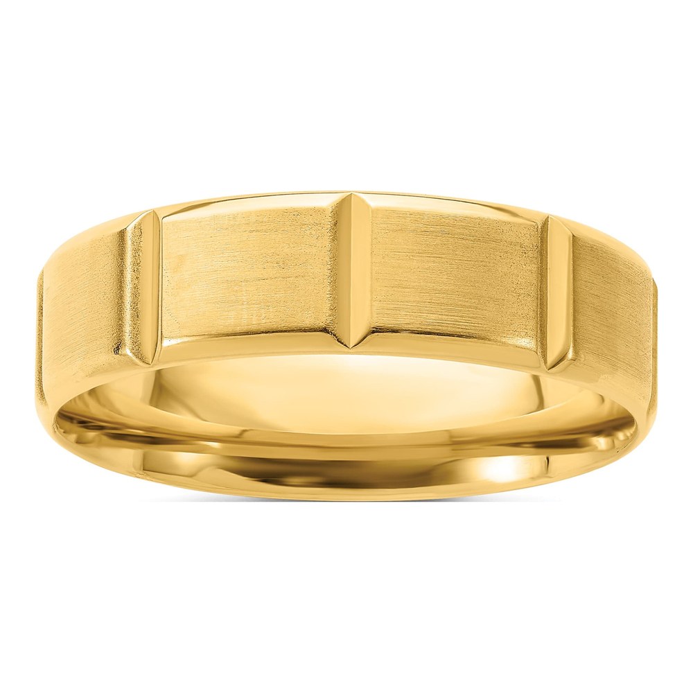 14K Yellow Gold 6mm Standard Weight Comfort Fit Brushed/polished Beveled Edge With Vertical Lines Wedding Band Size 7