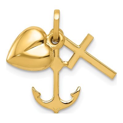 14K Yellow Gold Moveable Heart Cross Anchor Pendant