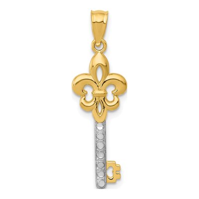 14K Yellow & Rhodium W/ White Polished Fleur De Lis Key Charm