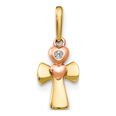 14K Two-Tone Gold CZ Cross Heart Pendant