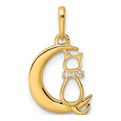 14K Yellow Gold CZ Childrens Cat Moon Pendant