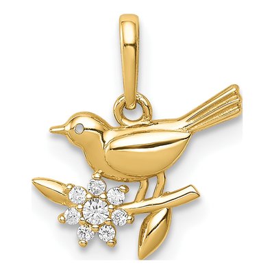14K Yellow Gold CZ Bird on Branch Pendant