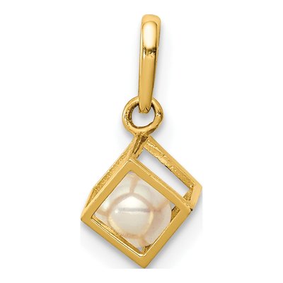 14K Yellow Gold Freshwater Cultured Pearl 3D Cube Pendant