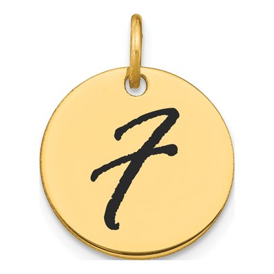 14K Yellow Gold Black Enamel Disk Letter F Charm