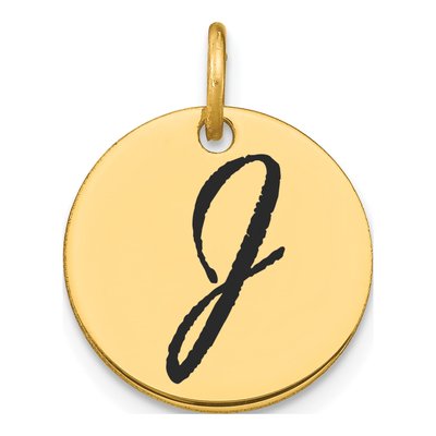 14K Yellow Gold Black Enamel Disk Letter J Charm