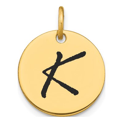 14K Yellow Gold Black Enamel Disk Letter K Charm