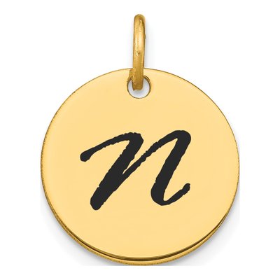 14K Yellow Gold Black Enamel Disk Letter N Charm