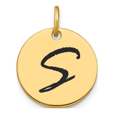 14K Yellow Gold Black Enamel Disk Letter S Charm