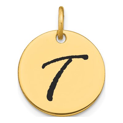 14K Yellow Gold Black Enamel Disk Letter T Charm