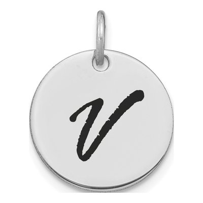 14K White Gold Black Enamel Disk Letter V Charm