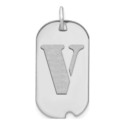 14K White Gold Dog Tag Letter V Pendant