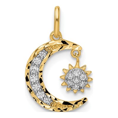14K Yellow Gold CZ Moon Sun Dangle Pendant