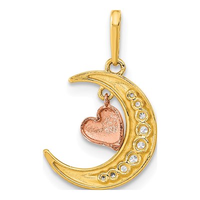 14K Two-Tone Gold CZ Moon Dangle Heart Pendant – view 5