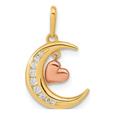 14K Two-Tone Gold CZ Moon Dangle Heart Pendant