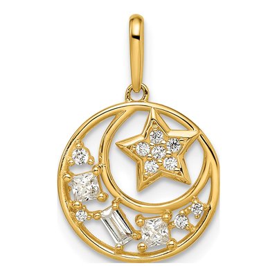14K Yellow Gold CZ Star Moon Pendant