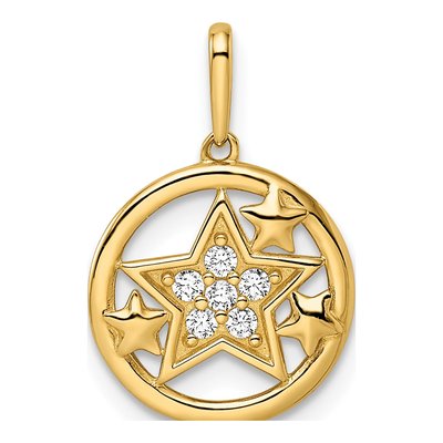 14K Yellow Gold CZ Star Circle Pendant