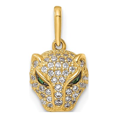 14K Yellow Gold Green CZ Lioness Pendant