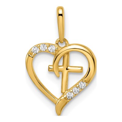14K Yellow Gold CZ Heart Cross Pendant