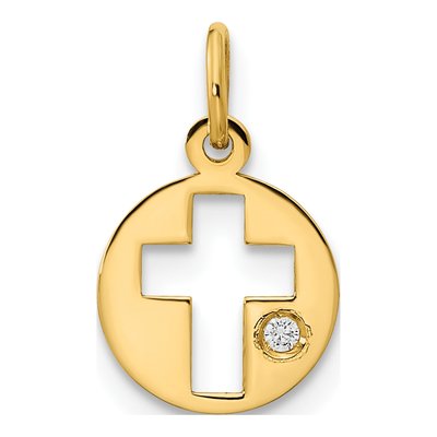 14K Yellow Gold CZ Circle Cross Pendant