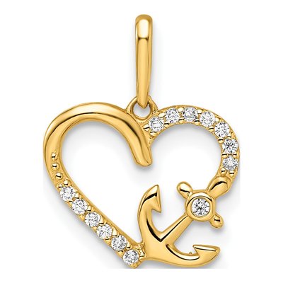 14K Yellow Gold CZ Heart Anchor Pendant