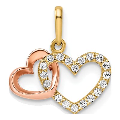 14K Two-Tone Gold CZ Two Hearts Pendant