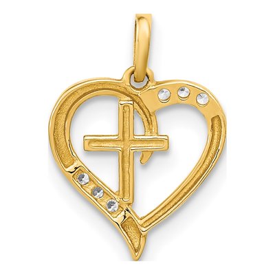 14K Yellow Gold CZ Open Heart Cross Pendant – view 5