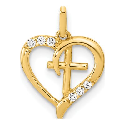 14K Yellow Gold CZ Open Heart Cross Pendant