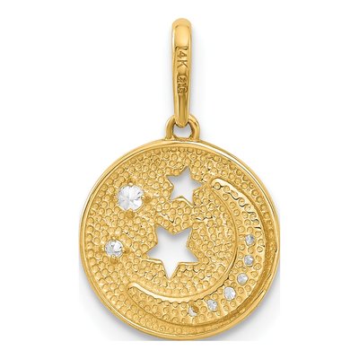 14K Yellow Gold CZ Moon & Stars Disc Pendant – view 4