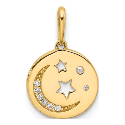 14K Yellow Gold CZ Moon Stars Disc Pendant