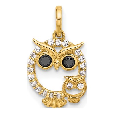 14K Yellow Gold CZ Mommy Baby Owl Pendant