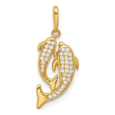 14K Yellow Gold CZ Two Dolphins Pendant