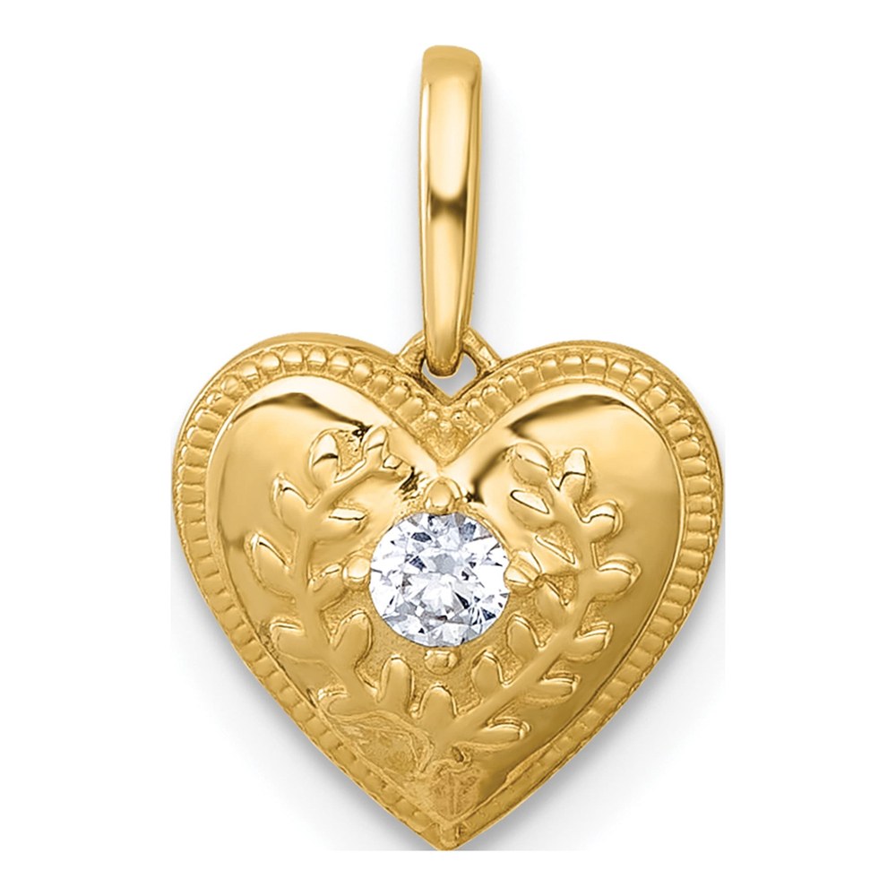14K Polished And Textured Cz Floral Heart Charm / Pendant
