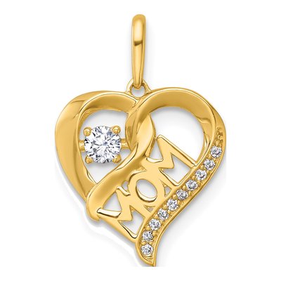 14K Yellow Gold CZ MOM Open Heart Pendant
