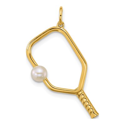 14K Yellow Gold Freshwater Cultured Pearl Pickleball Paddle Pendant