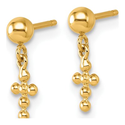 14K Yellow Gold Beaded Cross Dangle Earrings – view 3